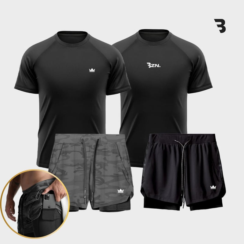 '- Kit Campeão: 2 Shorts Dry-Fit™ de Compressão + 2 Camisetas Tech DryFit™ BZN + Brinde